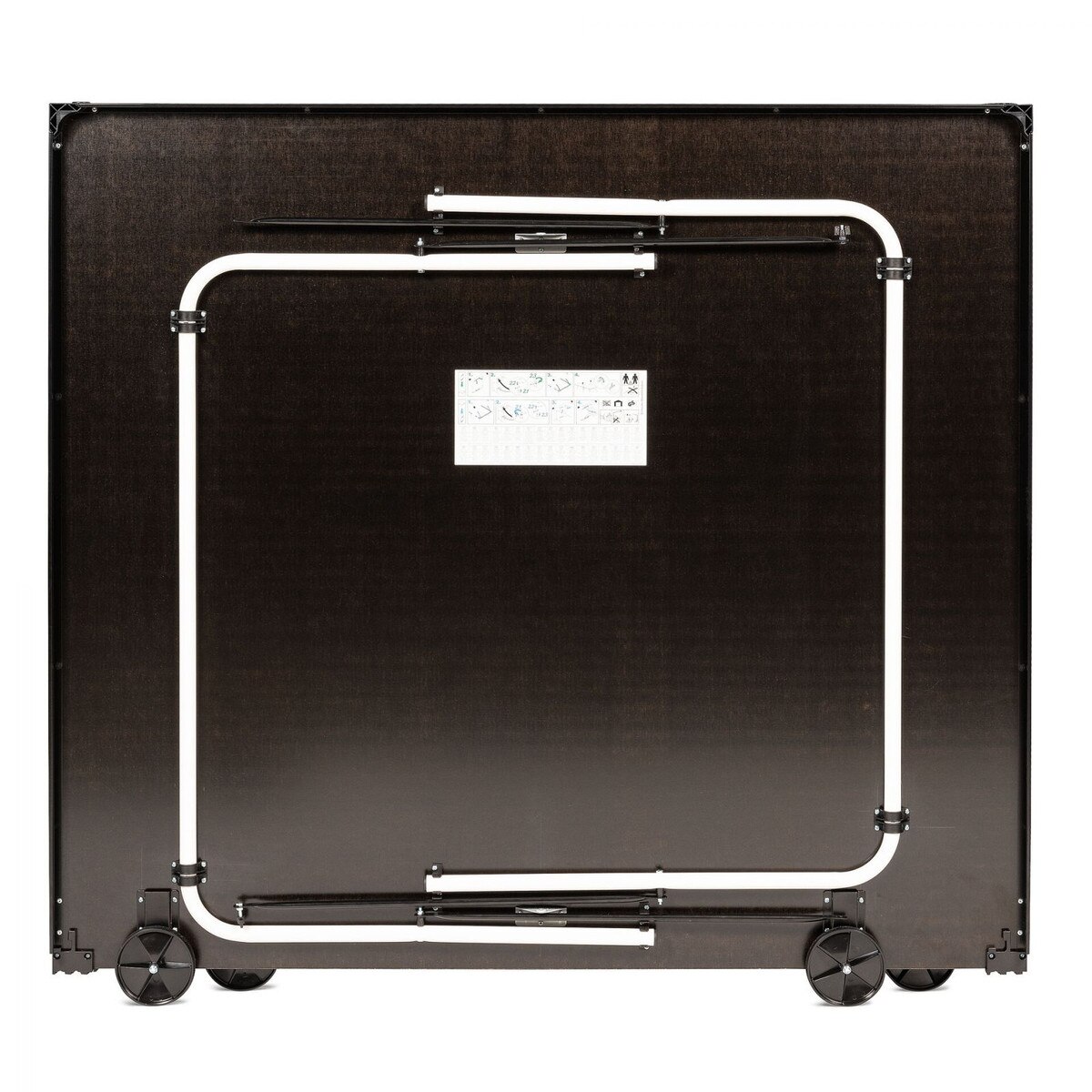 The Butterfly Timo Boll Joylite Indoor ping pong table is shown with the legs folded in tight against the bottom of the playing surface top and the warning label placed in the middle of the bottom.